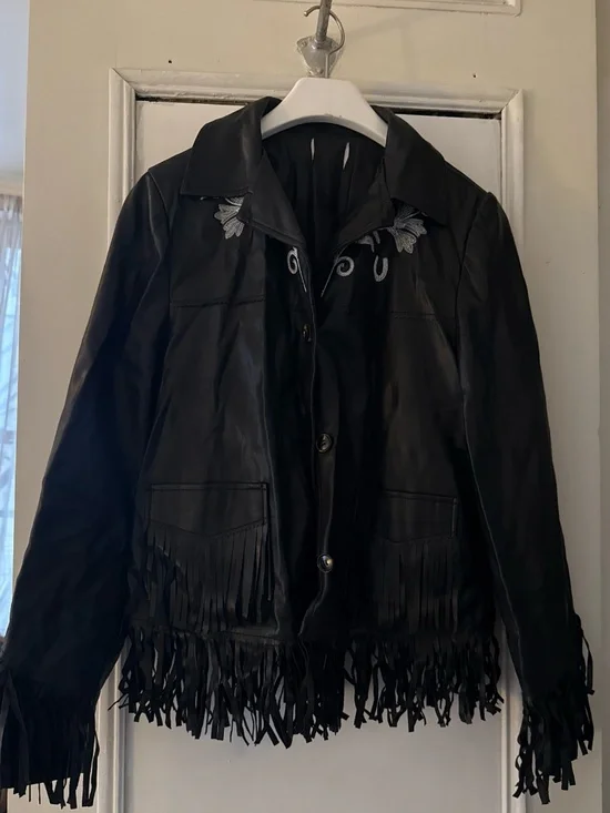 Black Leather Fringe Jacket with Embroidery - Picture 3 of 5
